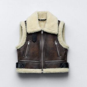 Zara Brown Faux Shearling Aviator Vest with Cream Trim